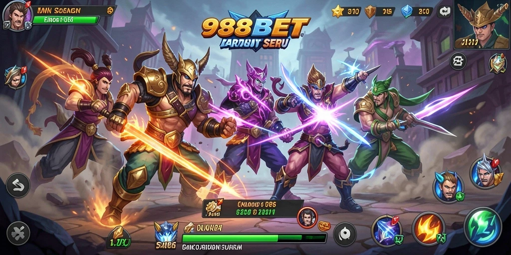 Gameplay 988BET yang menegangkan dengan pertarungan seru di arena.