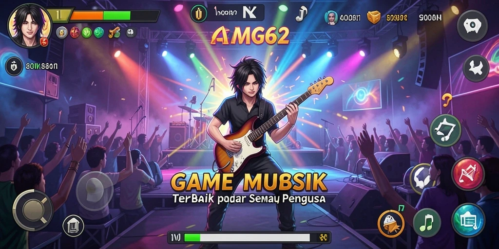 Screenshot menunjukkan gameplay aktif dalam <strong>ADG62</strong> dengan berbagai mode musik.