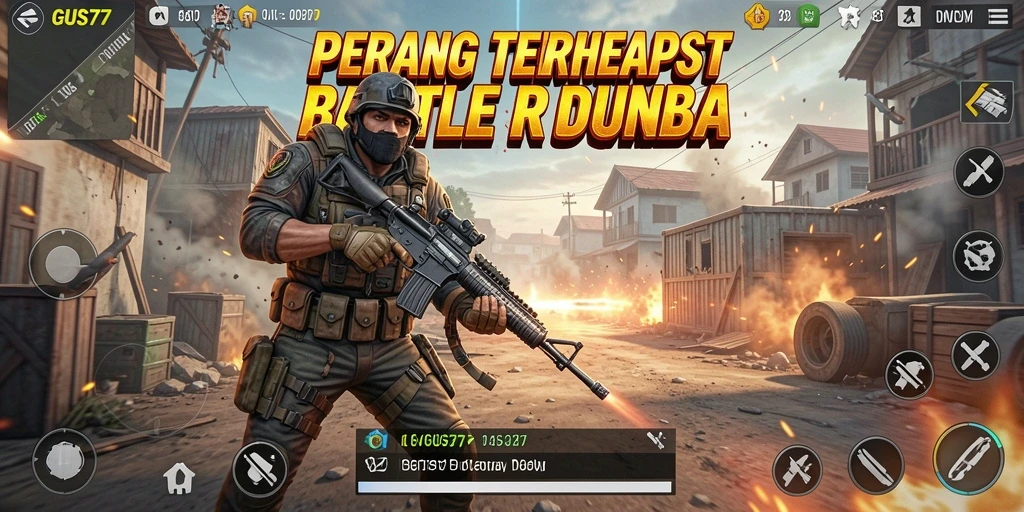 Tampilan gameplay GUS77 dengan pertarungan intens di medan perang Battle Royale.