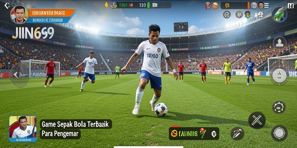 Screenshot gameplay JIN69 menampilkan aksi seru di lapangan sepak bola.