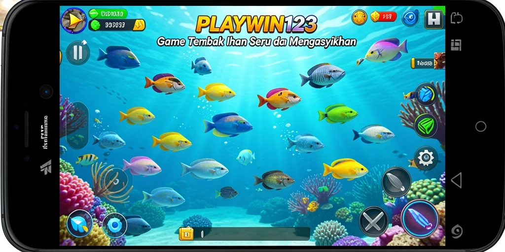 Tampilan screenshot utama PLAYWIN123 menampilkan aksi tembak ikan yang mendebarkan.