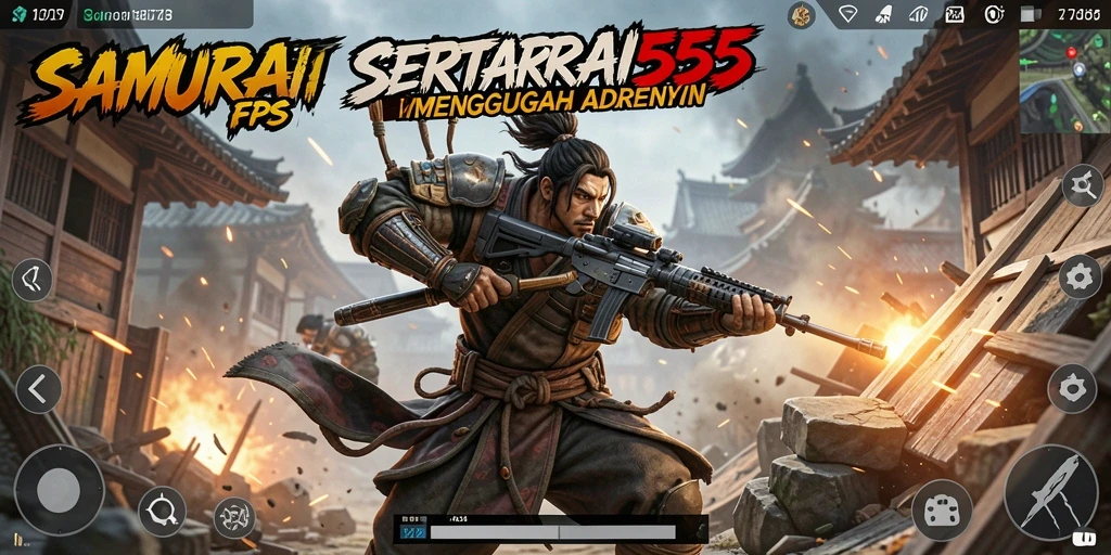Screenshot utama SAMURAI555 menampilkan aksi tembak-menembak yang intens.