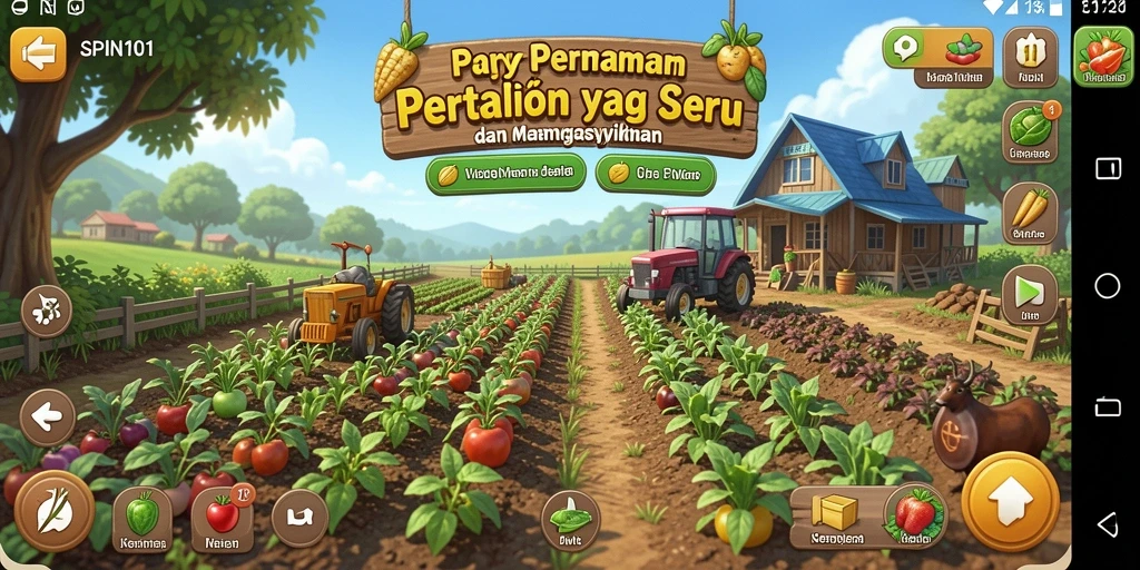 Tangkapan layar utama SPIN101 menampilkan aktivitas bertani yang menarik.