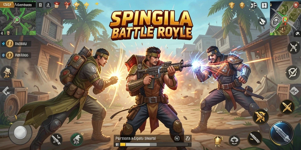 Tampilan dinamis gameplay Battle Royale SPINGILA yang seru dan mendebarkan.