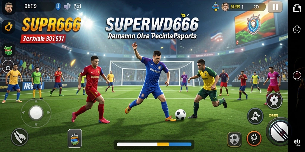 Screenshot menampilkan gameplay dinamis dalam SUPERWD666 di lapangan olahraga.